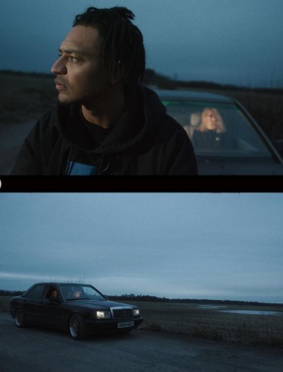 two pictures of a man and a woman in a car