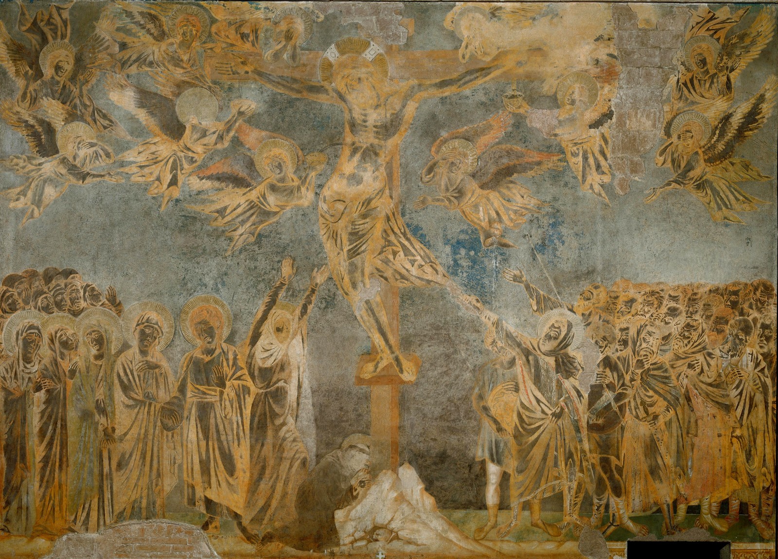 a painting of a crucifix surrounded by angels