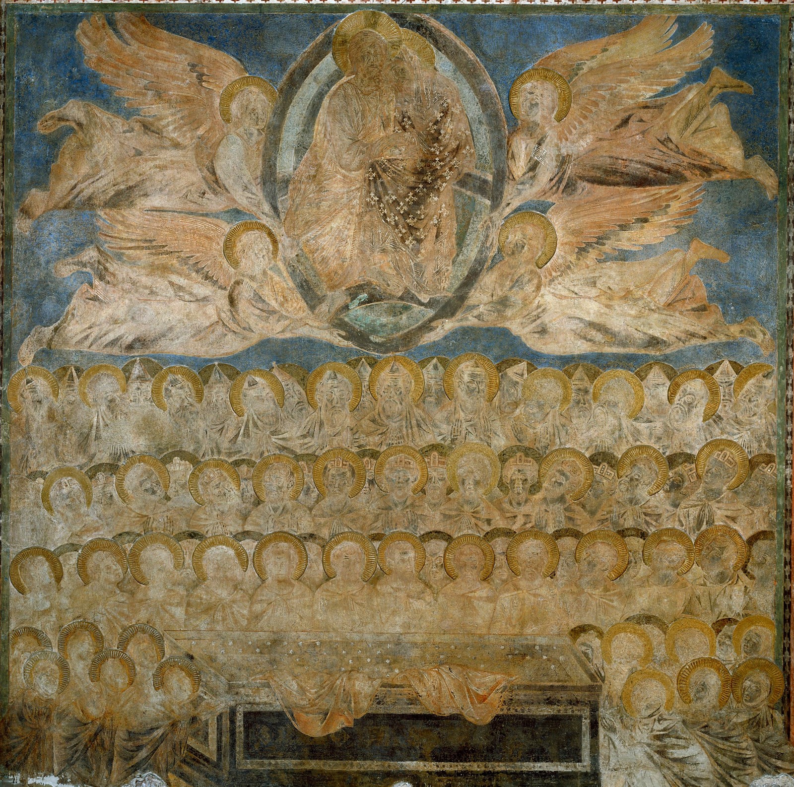 a painting of a group of people surrounded by angels