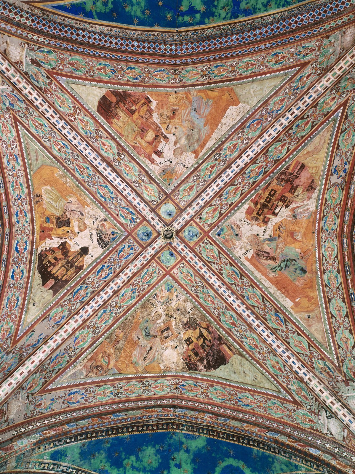 the ceiling of a building with many paintings on it