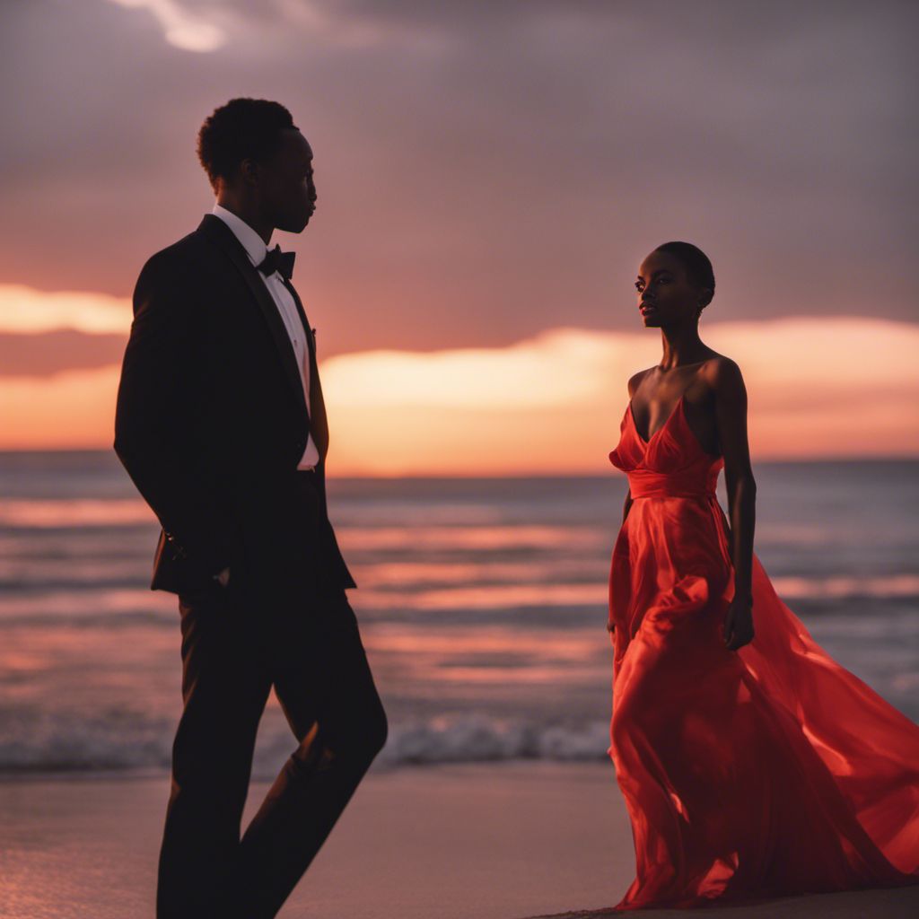 a woman in a red dress standing next to a man in a tuxedo