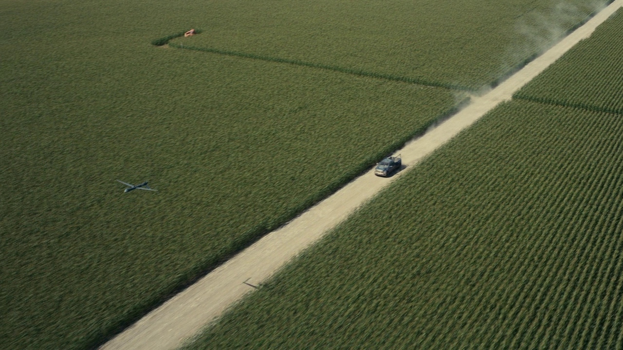 an airplane is flying over a field of crops