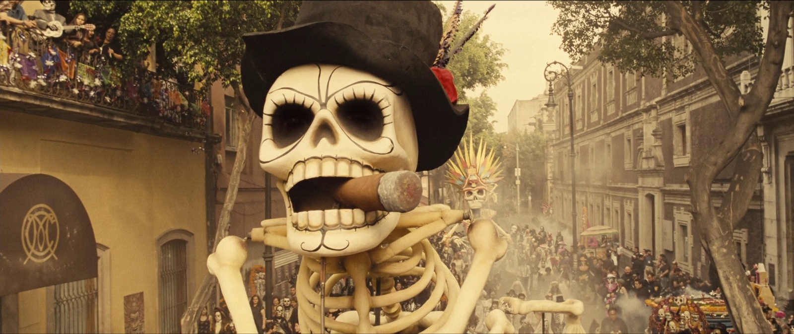 a skeleton with a hat and a pipe in a street