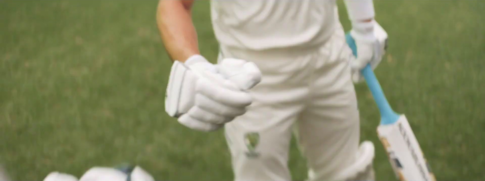 a close up of a cricket player holding a bat