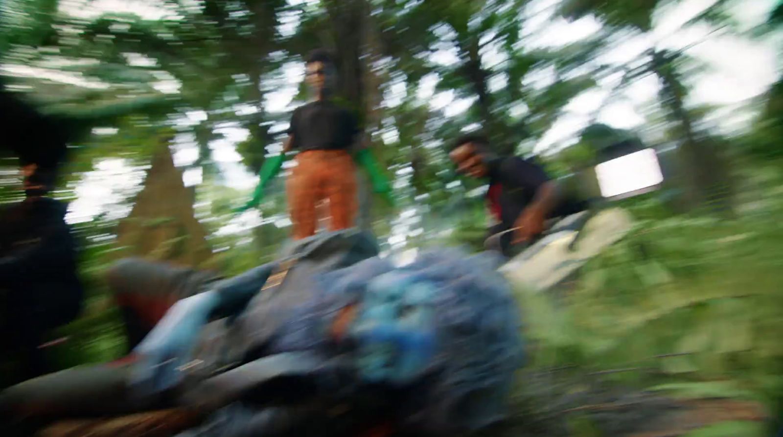 a blurry photo of a group of people in the woods