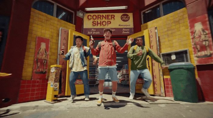 a group of men standing in front of a store