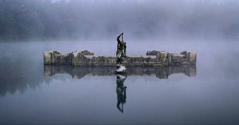 a body of water with a tree stump in the middle of it