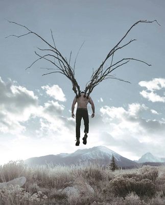 a man flying through the air while holding two branches