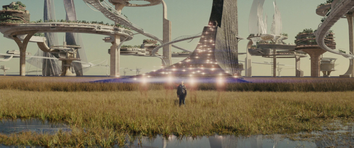 a man standing in a field next to a futuristic city