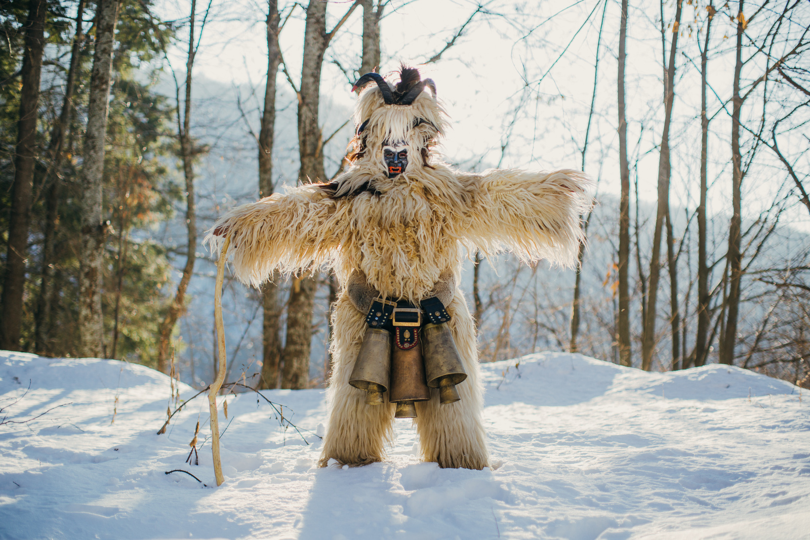 a stuffed animal standing in the snow in front of trees