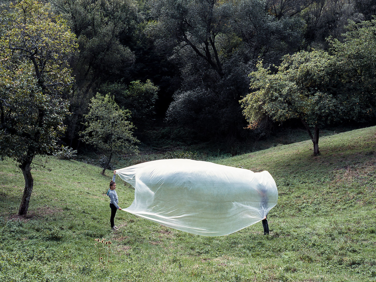 a person holding a large white object in a field