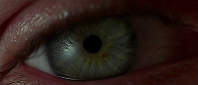 a close up of a person's blue eye