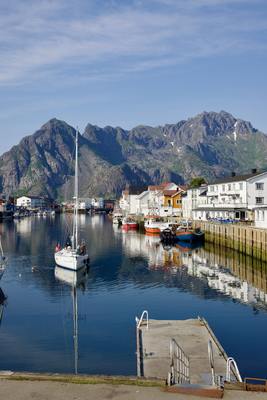 boats docked in a harbor with mountains in the background