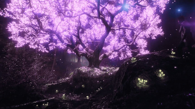 a large purple tree in the middle of a forest