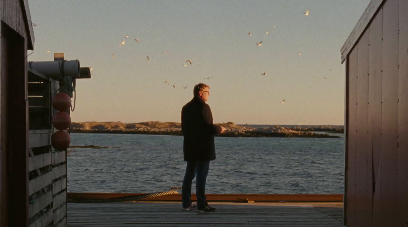 a man standing on a dock next to a body of water