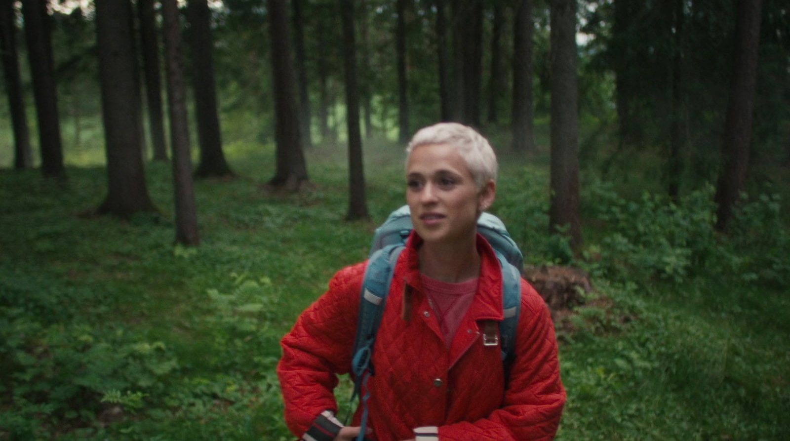 a man in a red jacket is walking through the woods