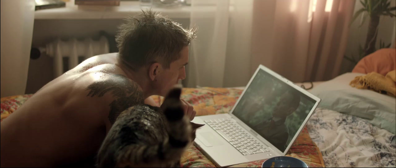 a man laying on a bed with a cat and a laptop