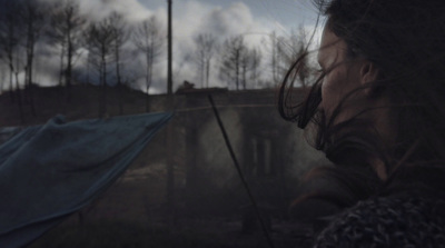 a woman standing in front of a forest holding a blue umbrella