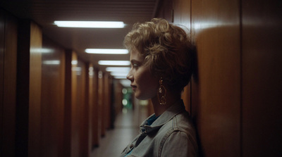 a woman leaning against a wall in a hallway