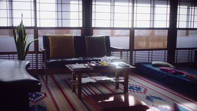 a living room with a couch and a coffee table