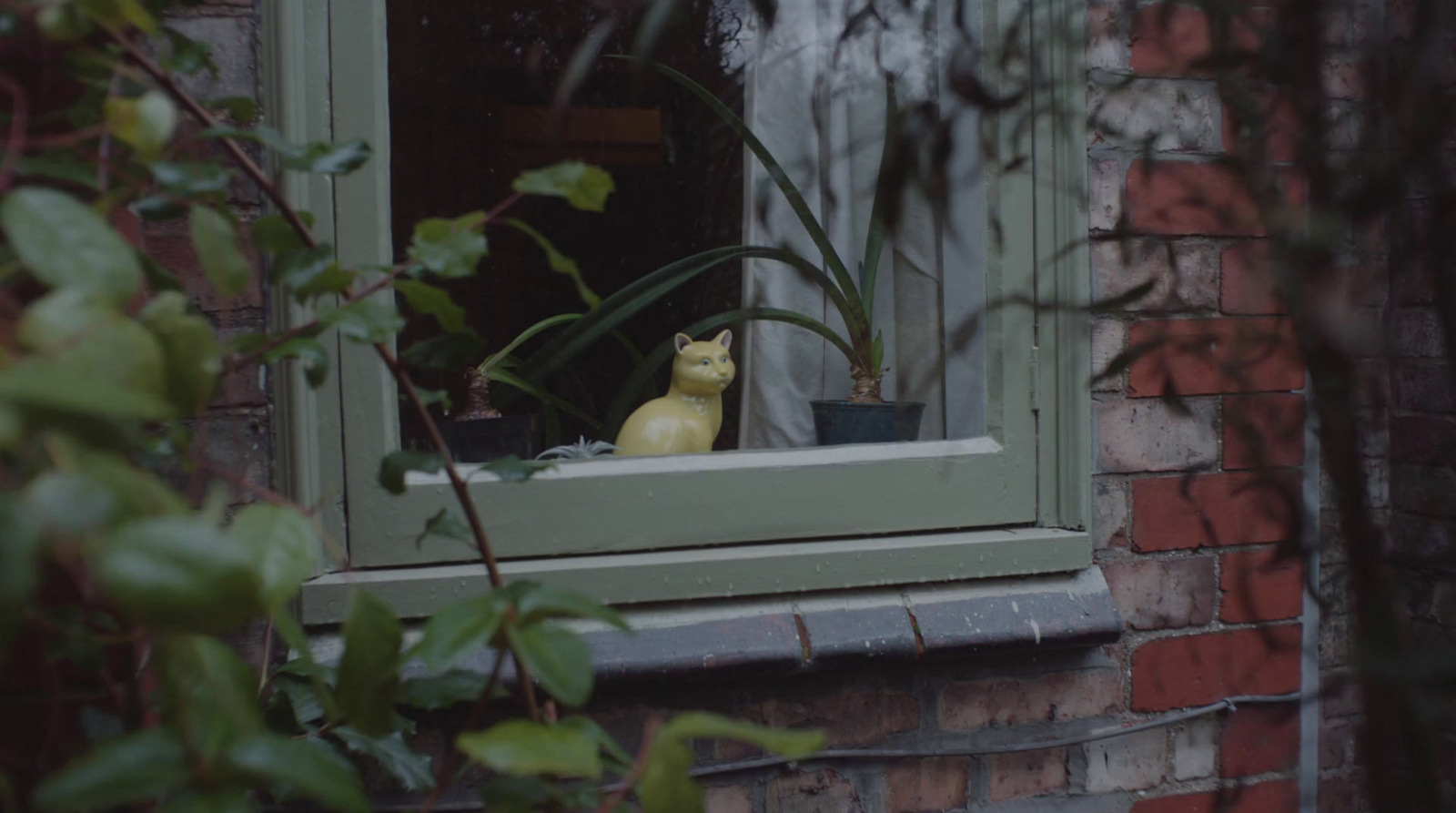 a cat sitting in a window sill next to a potted plant