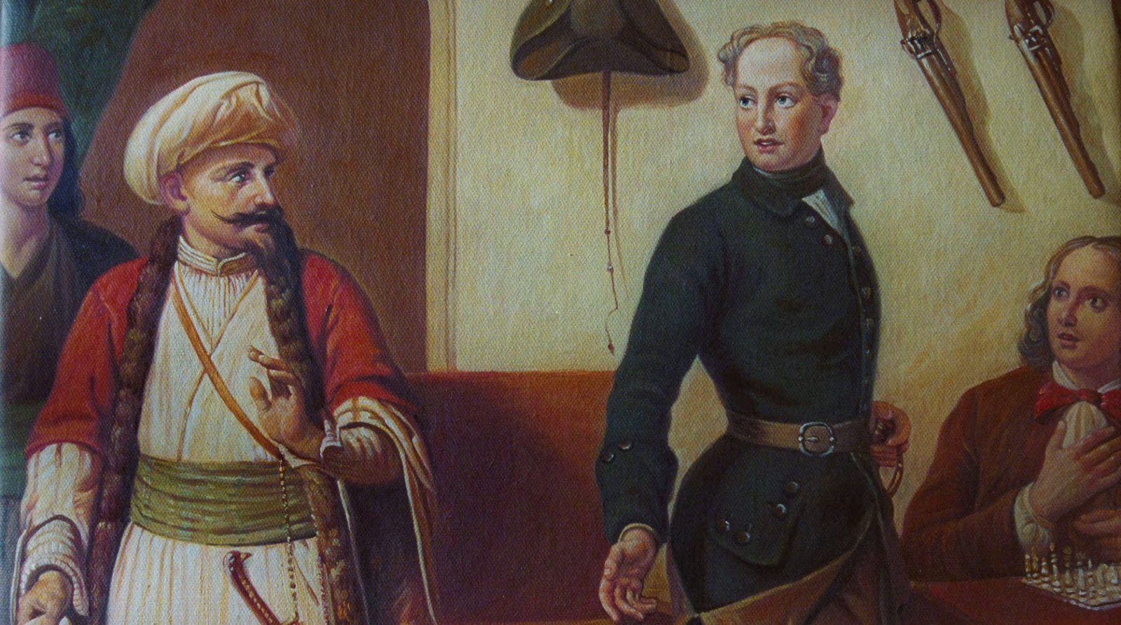 a painting of a man standing next to another man