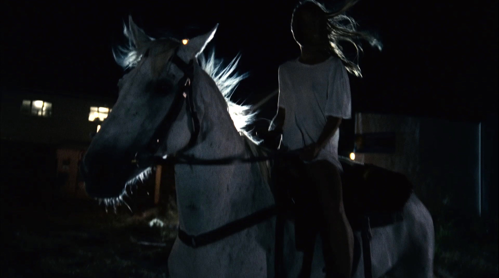 a woman riding on the back of a white horse