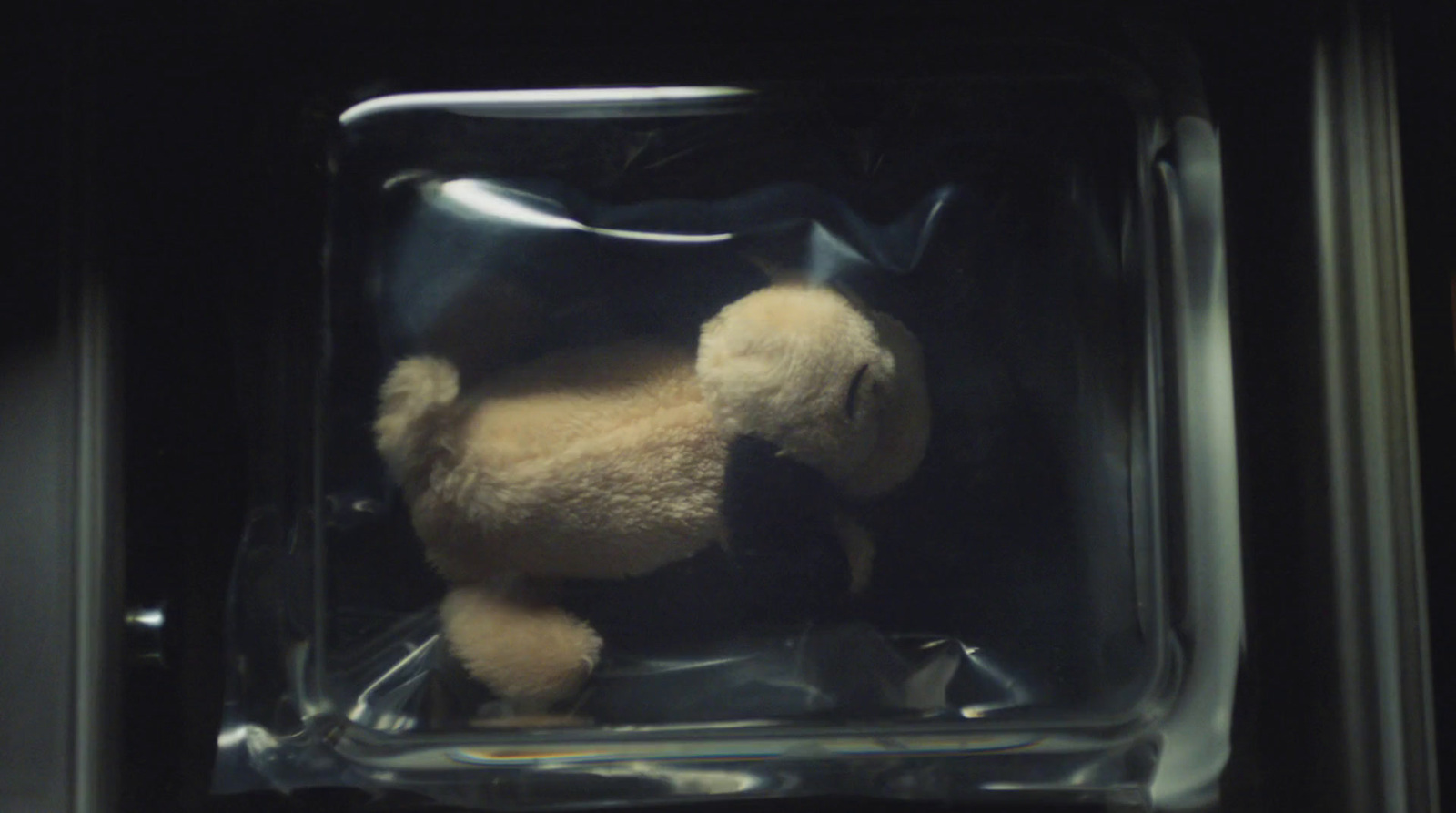 a stuffed animal inside of a plastic container