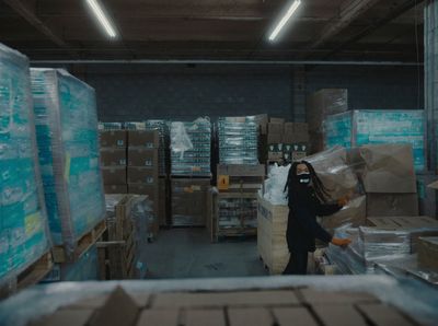 a woman is standing in a warehouse with boxes