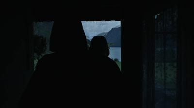 a person in a dark room looking out a window