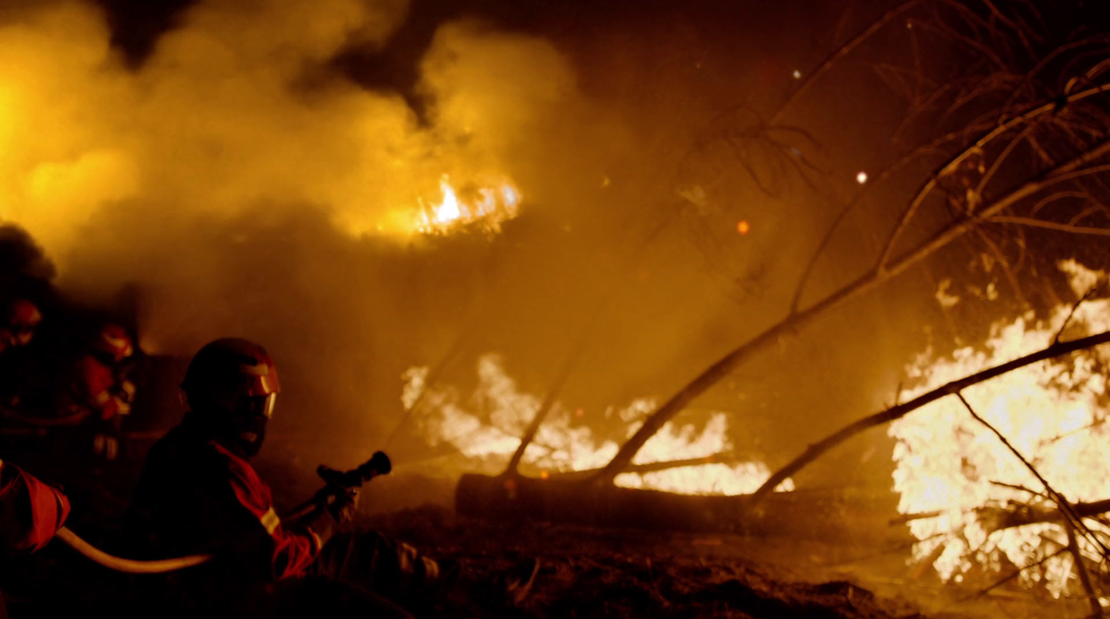 a group of people standing in front of a fire