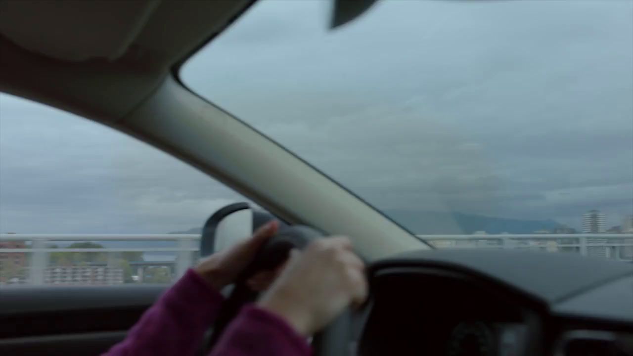 a woman driving a car on a cloudy day