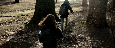 a couple of people walking through a forest