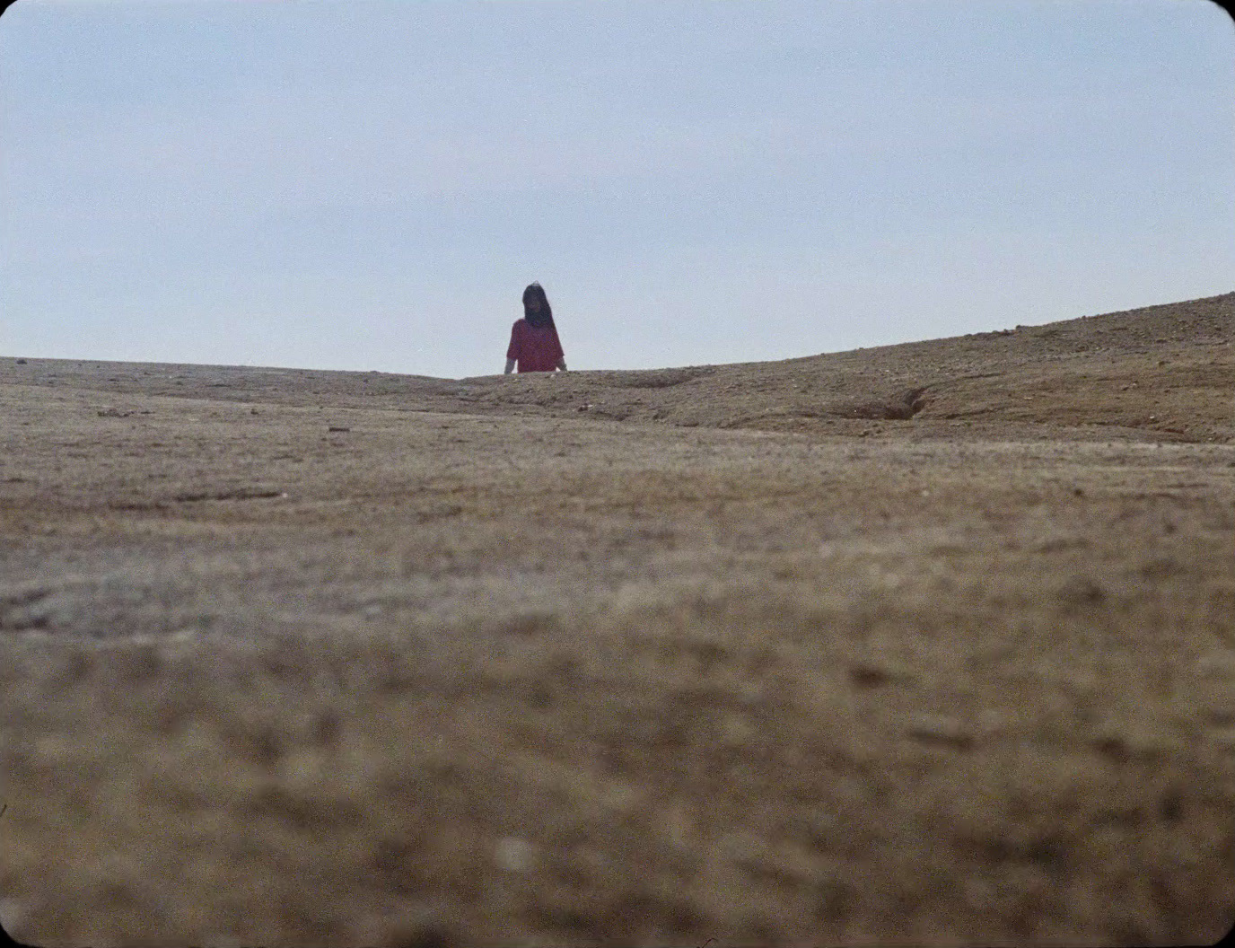 a person standing on top of a dry grass covered hill