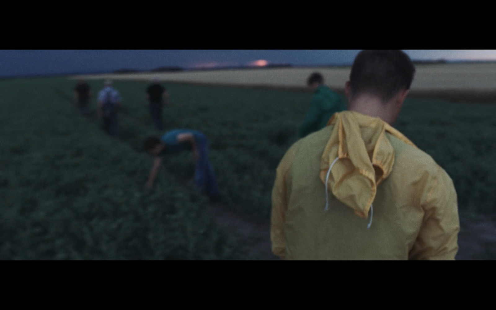 a group of people standing in a field