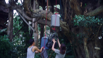 a man and a woman standing next to a tree