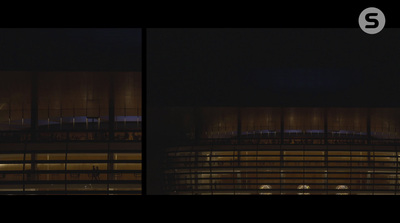 two images of a building lit up at night