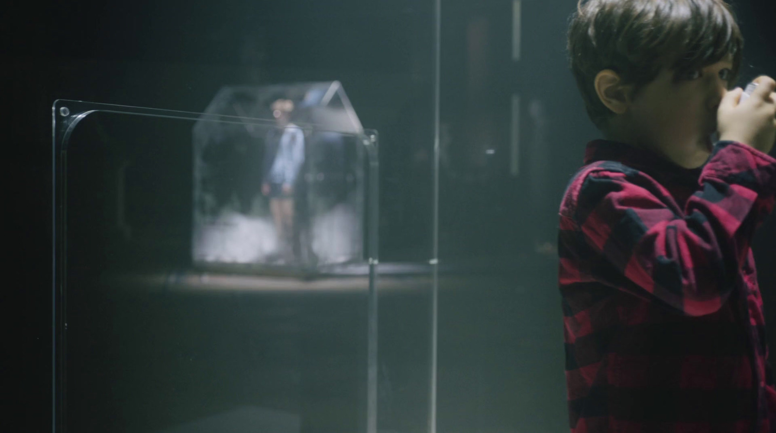 a young boy standing in front of a glass display case