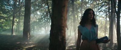 a woman standing in a forest holding a book