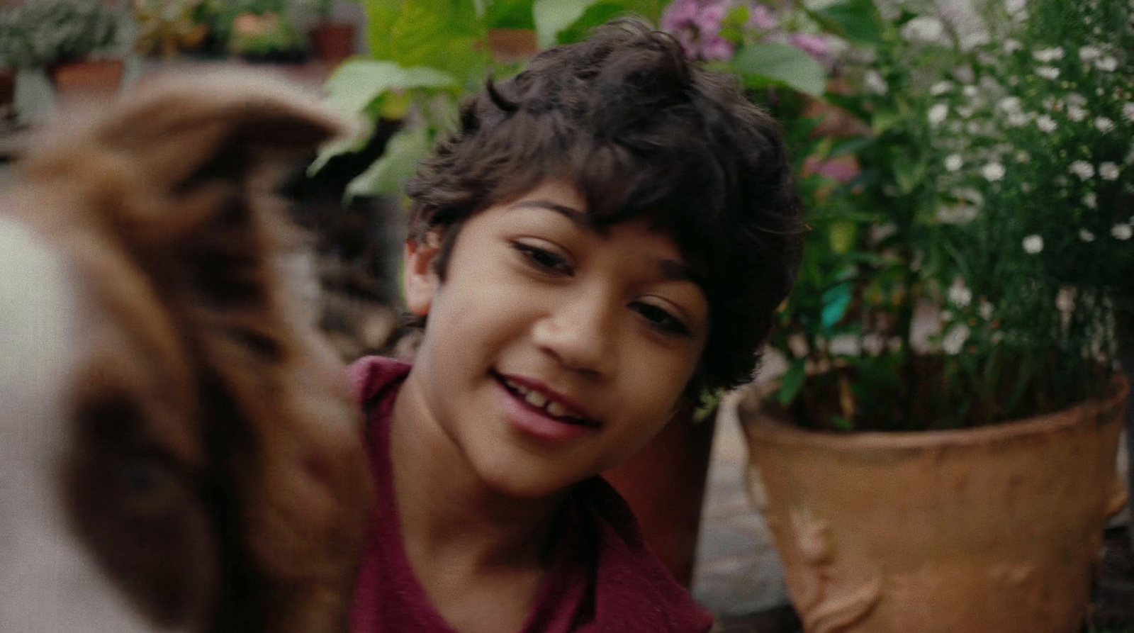 a young boy smiling next to a potted plant