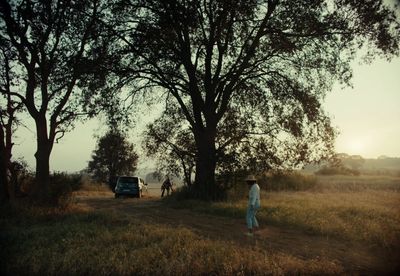 a person standing in a field next to a tree