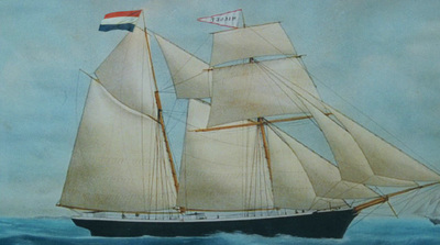 a painting of a sailboat in the ocean