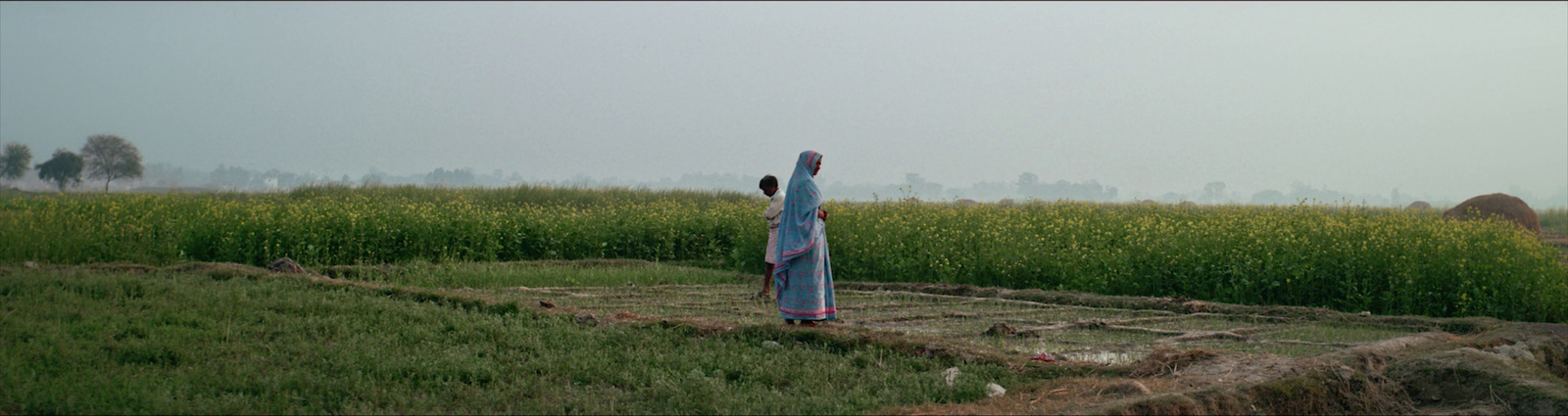 a woman in a blue dress standing in a field