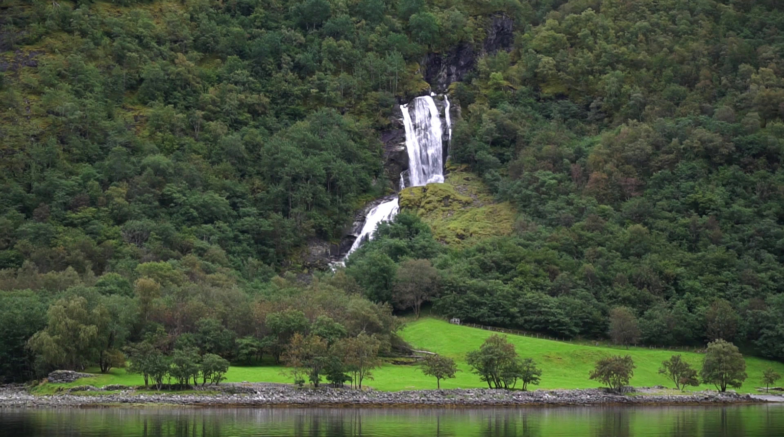 a waterfall surrounded by green grass and trees