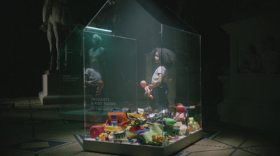 a display case filled with lots of toys