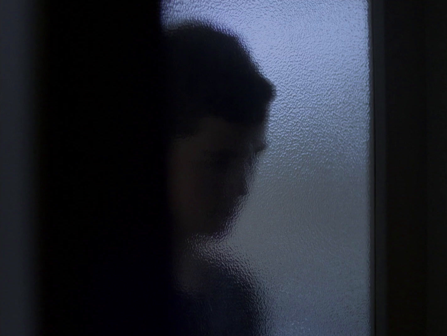 a man standing in front of a frosted glass door