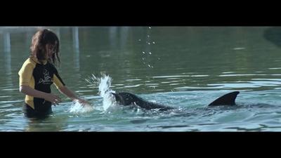 a girl in a wet suit playing with a dolphin