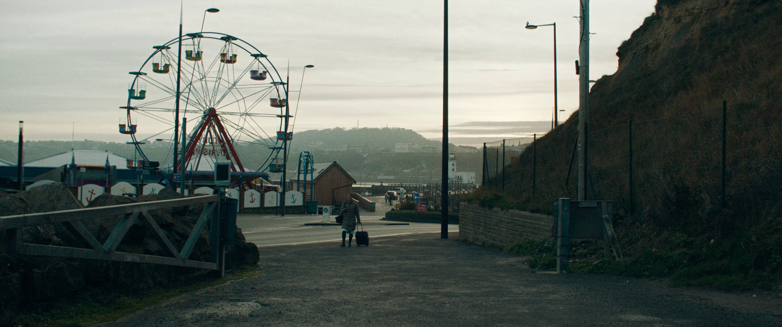 a man riding a bike down a street next to a ferris wheel