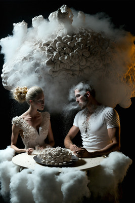 a man and a woman standing in front of a cake