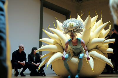 a woman sitting on top of a giant banana chair